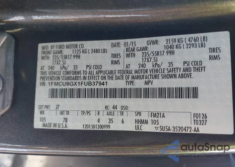 2015 Ford Escape Se from USA, damaged, VIN 1FMCU9GX1FUB37941